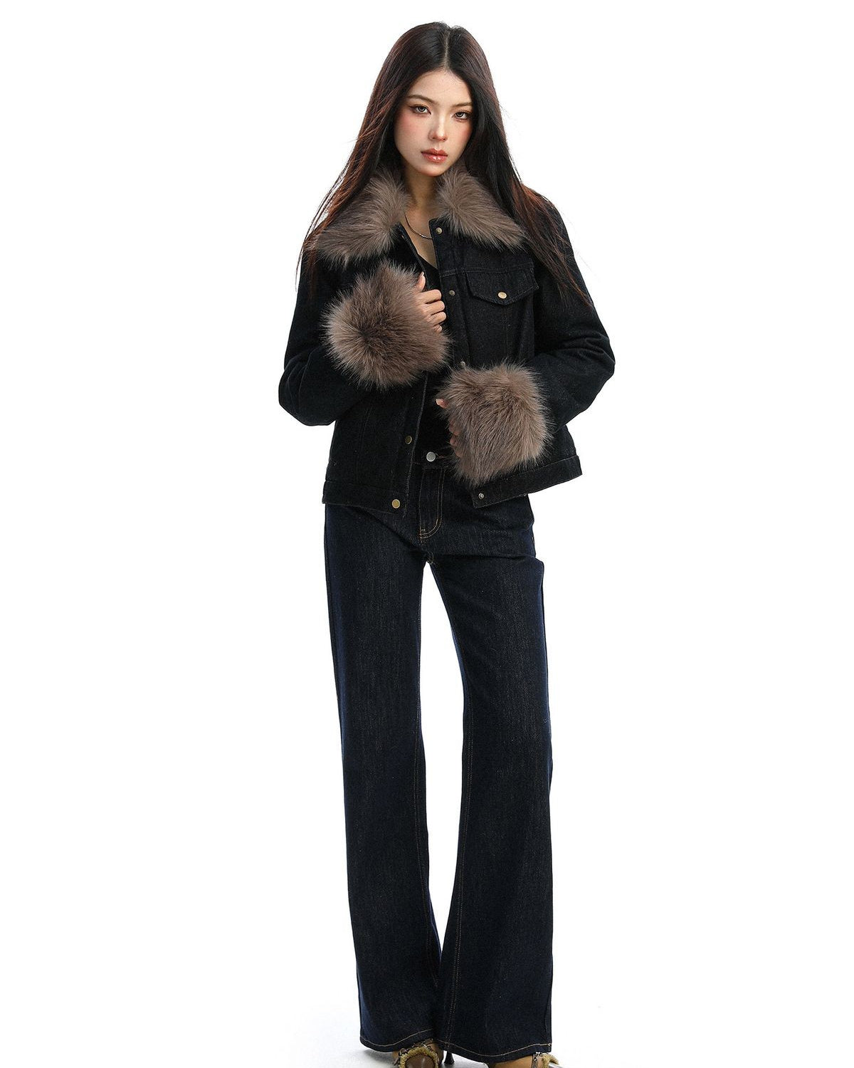 BIGGOLD STUDIO Fur Trim Padded Denim Jacket in Black - On Model