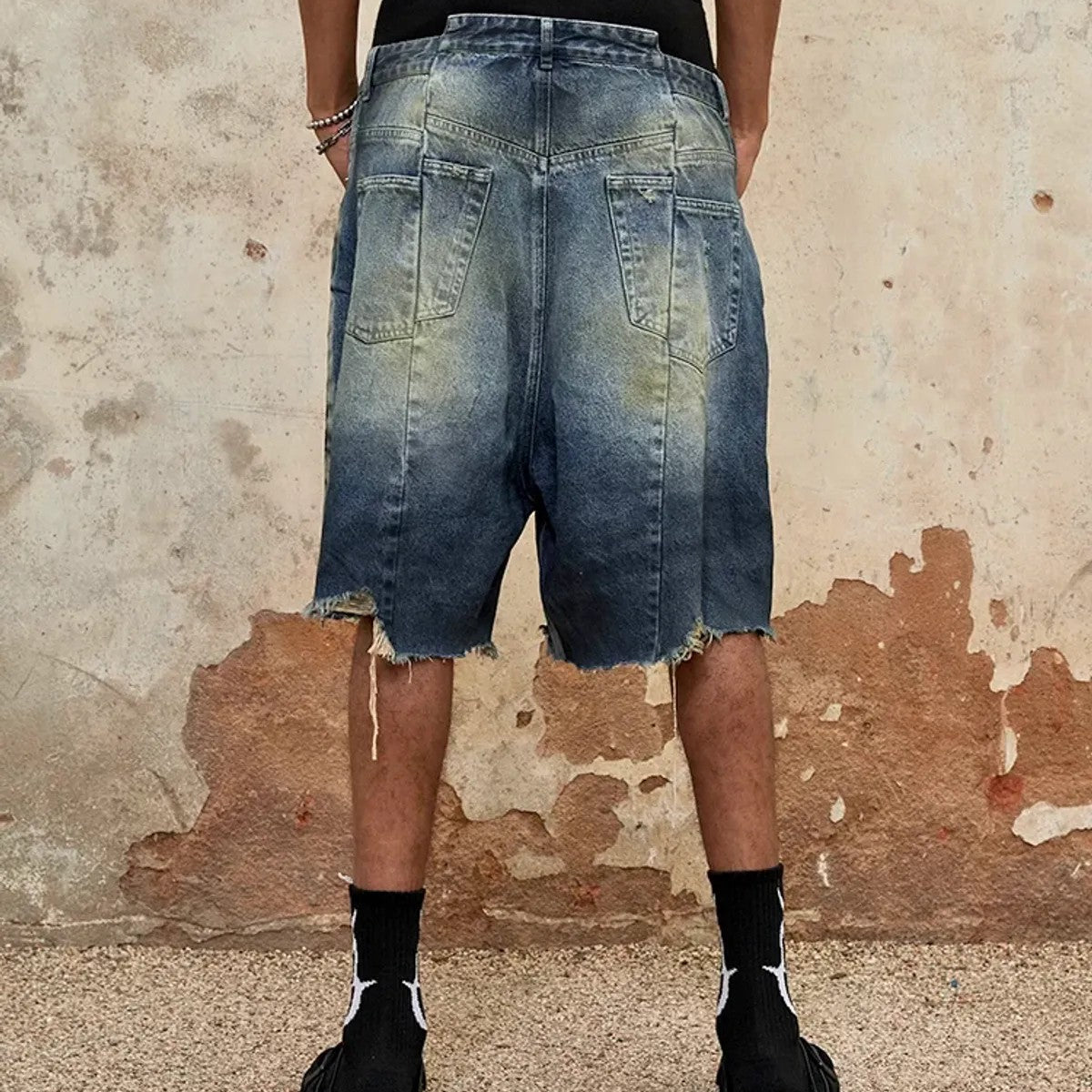 TRIANGLE PROJECT Deconstructed Distressed Denim Shorts in Blue - On Model