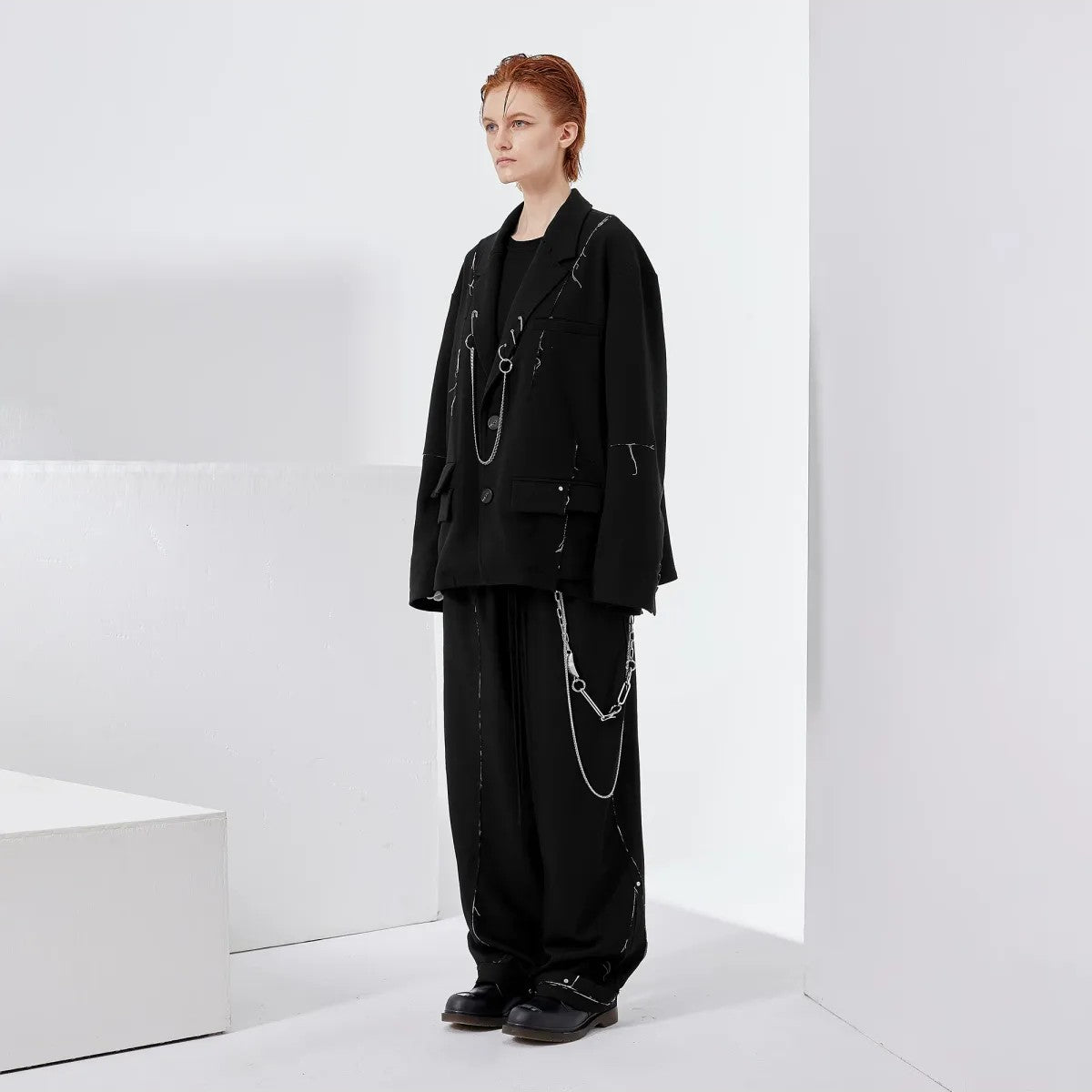LOSTCTRL Deconstructed Raw Edge Suit Pants in Black - On Model