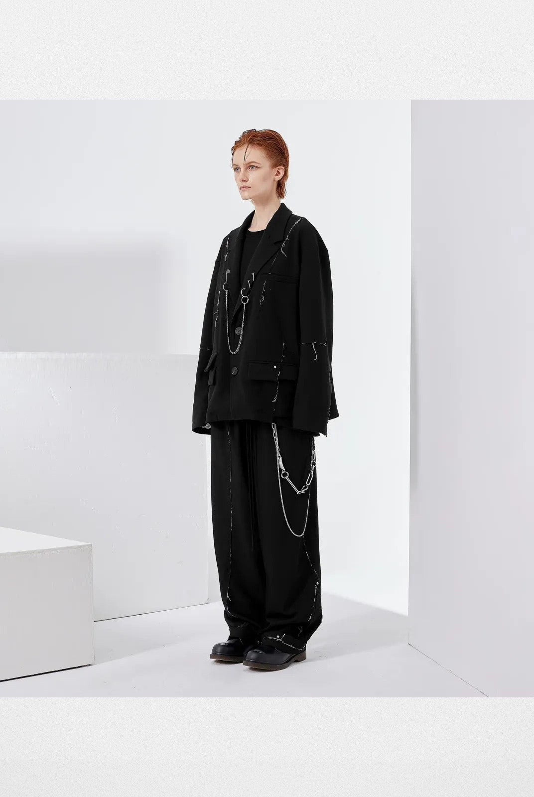LOSTCTRL Deconstructed Raw Edge Suit Pants in Black - On Model