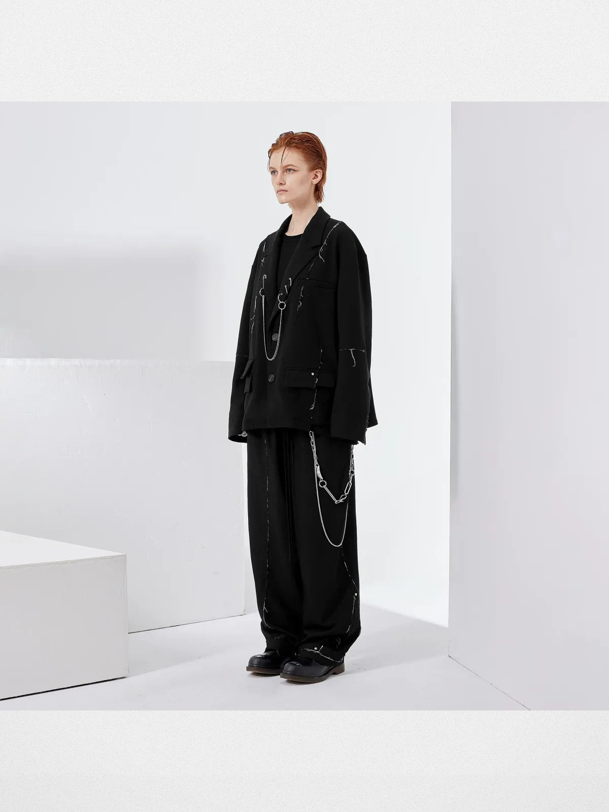LOSTCTRL Deconstructed Raw Edge Suit Pants in Black - On Model