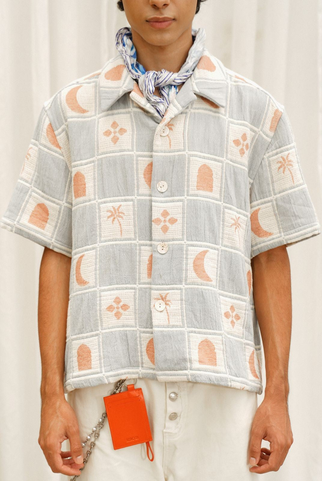 Retro 21 Knitted Plaid Camp Collar Shirt in Blue - On Model