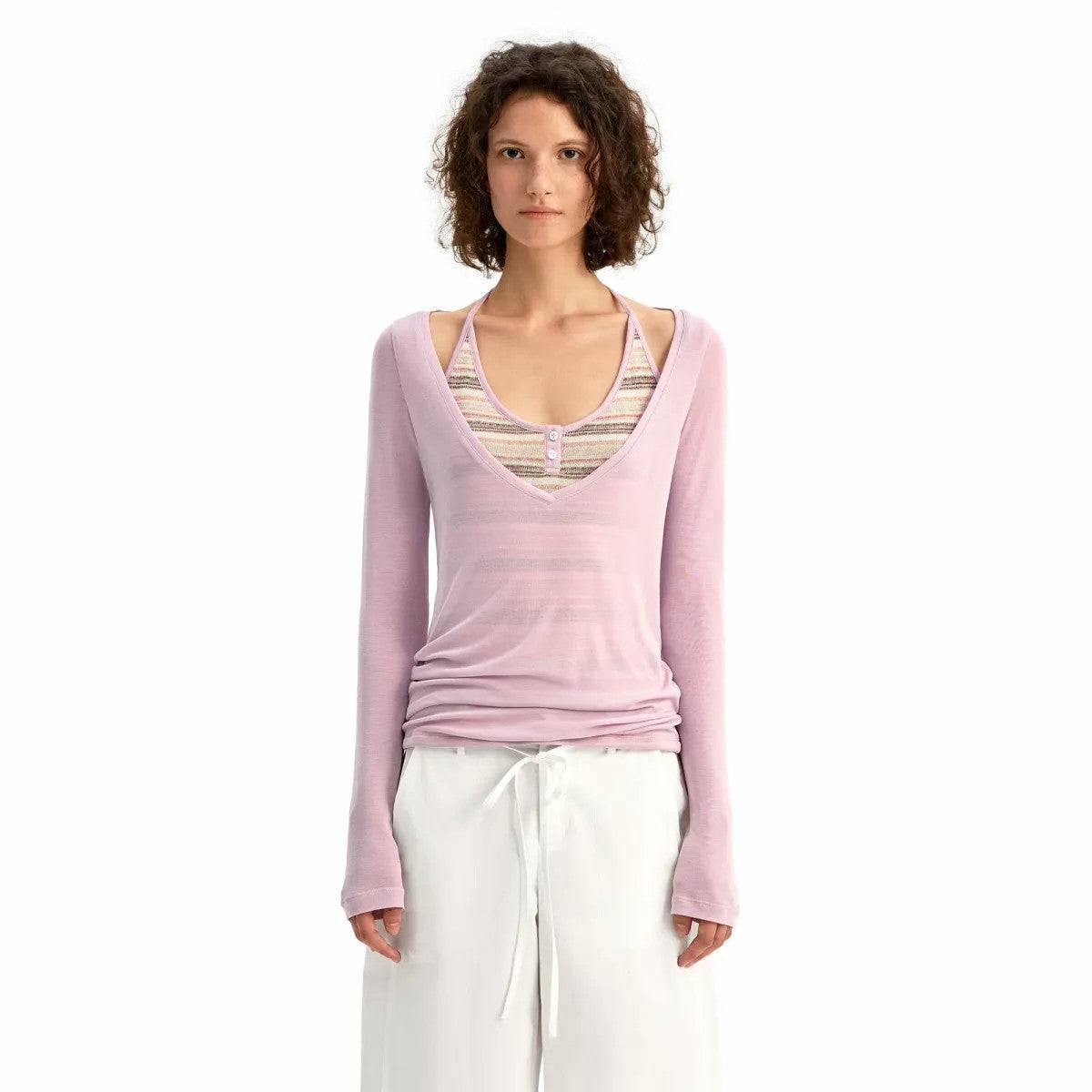 PUKI Mock Layered Striped Top in Lavender - On Model