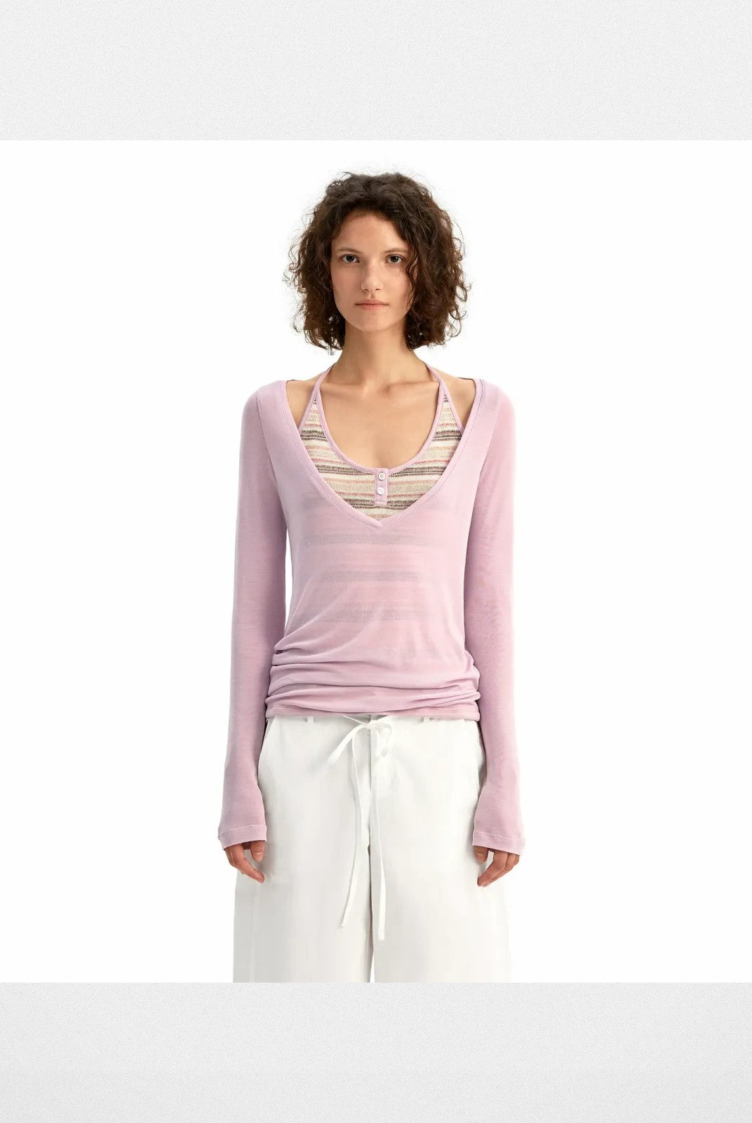 PUKI Mock Layered Striped Top in Lavender - On Model