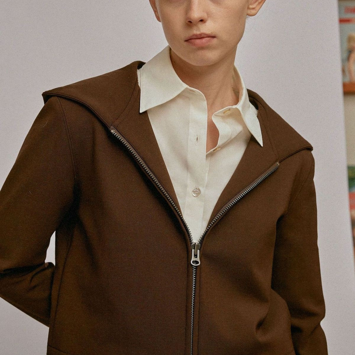 Alright then Hooded Wool Double Zip Jacket in Brown - On Model