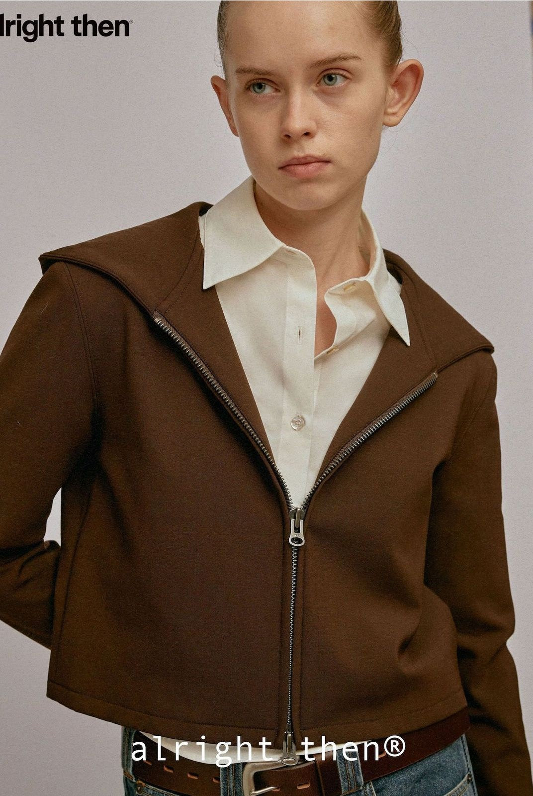 Alright then Hooded Wool Double Zip Jacket in Brown - On Model