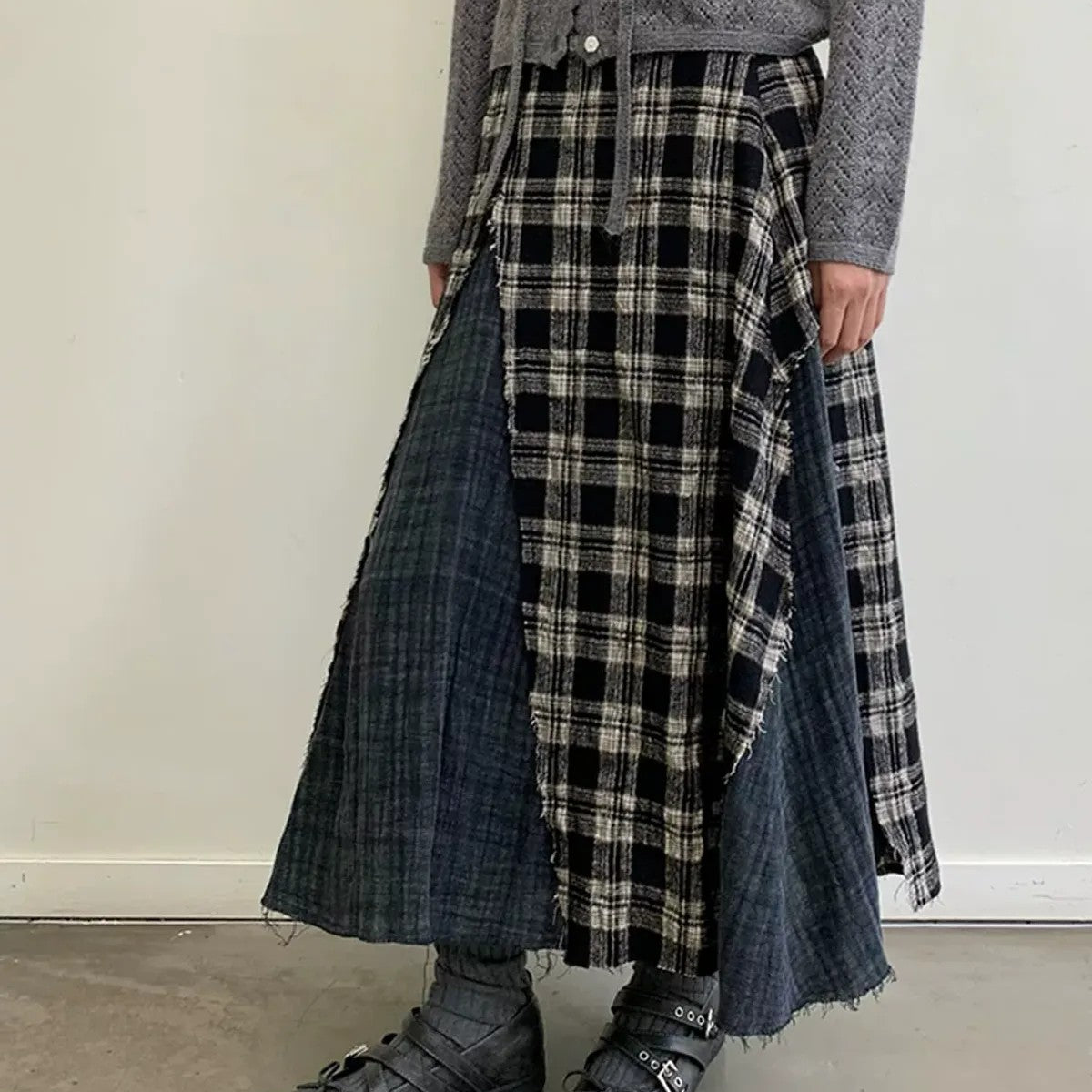 NeverSeez Spliced Plaid Linen Maxi Skirt in Black - On Model