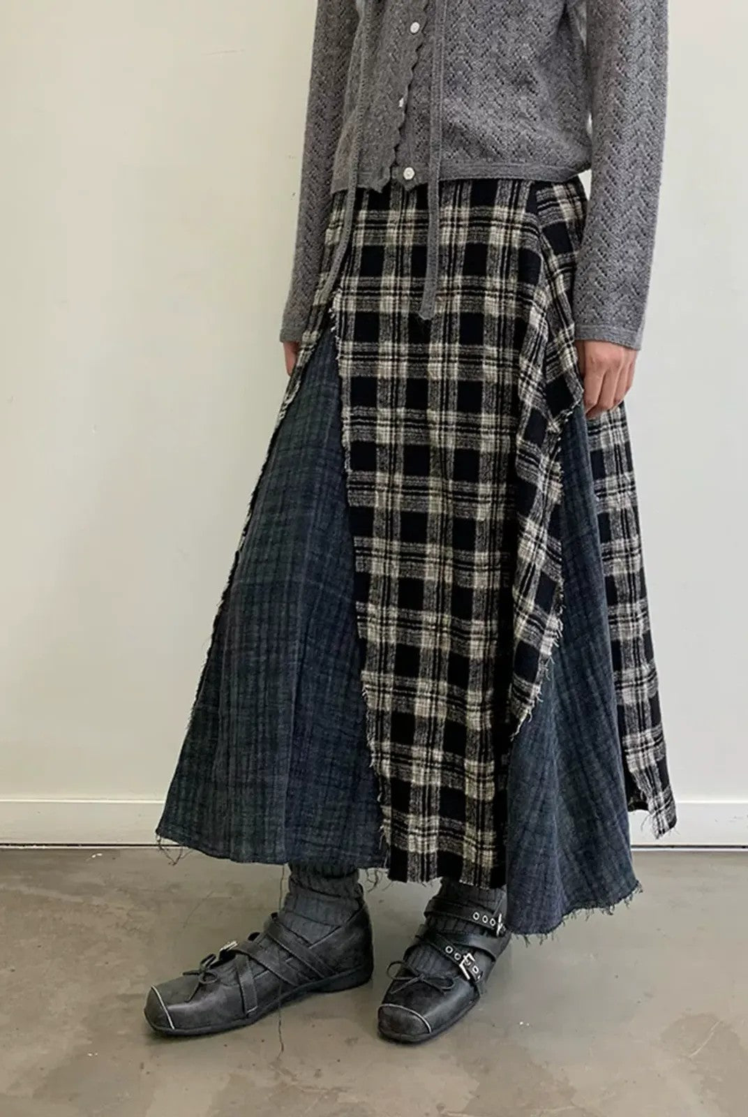 NeverSeez Spliced Plaid Linen Maxi Skirt in Black - On Model
