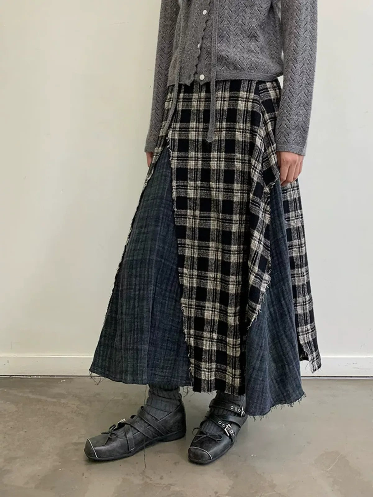 NeverSeez Spliced Plaid Linen Maxi Skirt in Black - On Model