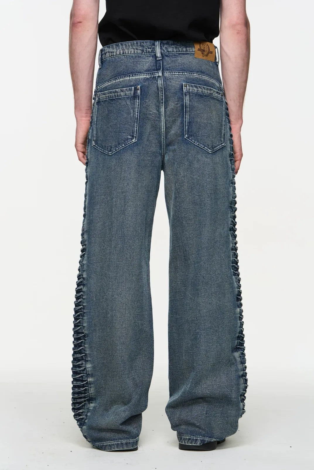 BLINDNOPLAN Side Pleated Distressed Jeans in Denim - On Model