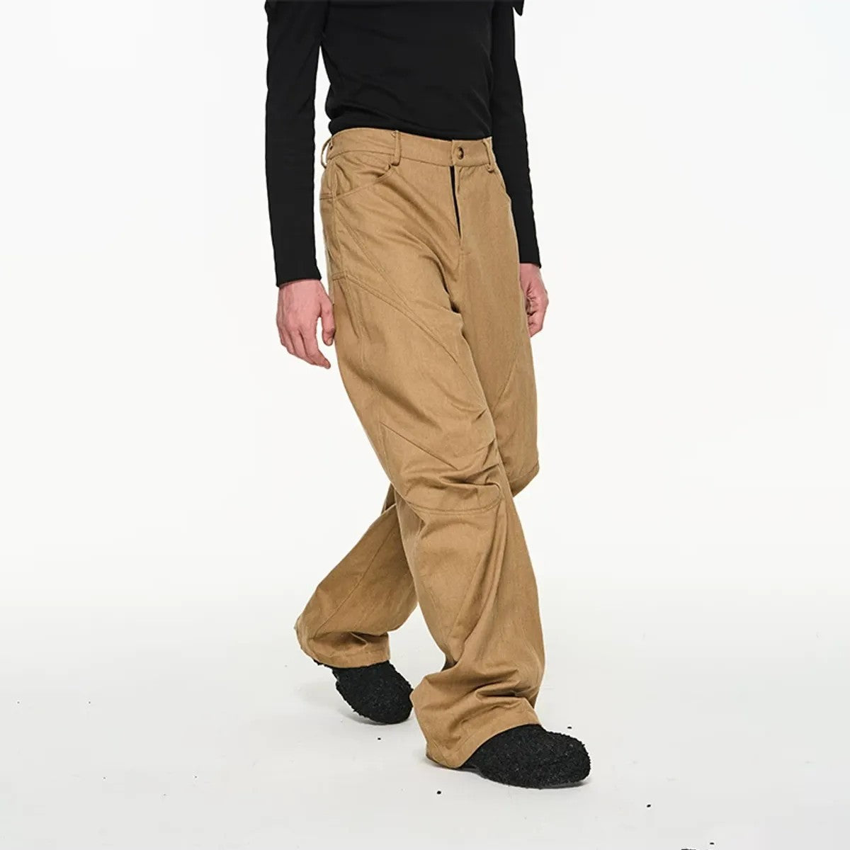 BLINDNOPLAN Irregular Pleated 3D Cut Cargo Pants in Beige - On Model