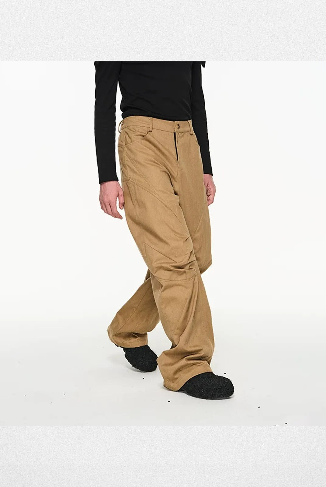 BLINDNOPLAN Irregular Pleated 3D Cut Cargo Pants in Beige - On Model