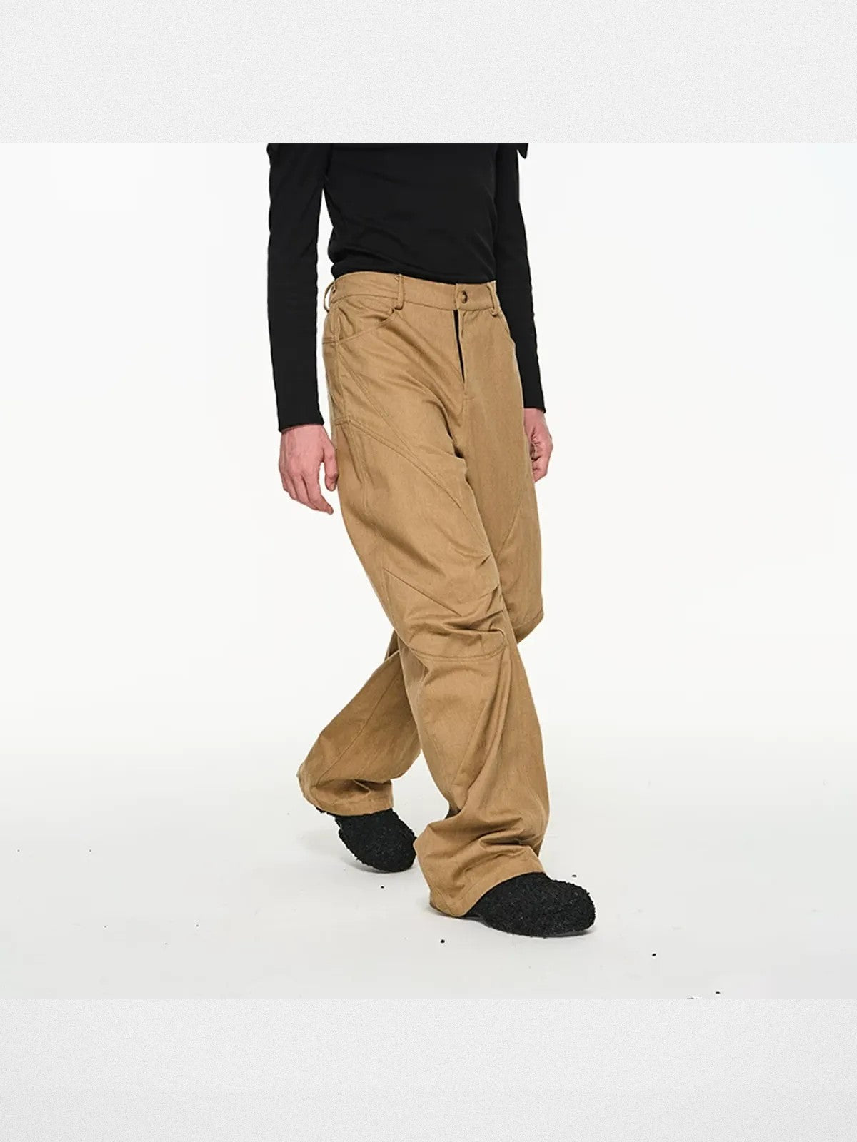 BLINDNOPLAN Irregular Pleated 3D Cut Cargo Pants in Beige - On Model