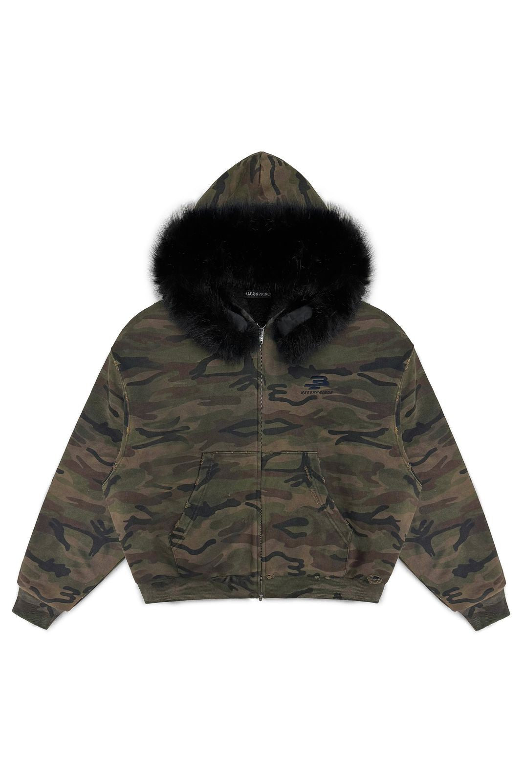 MASONPRINCE Sherpa Lined Camo Jacket with Fur in Olive #color_olive