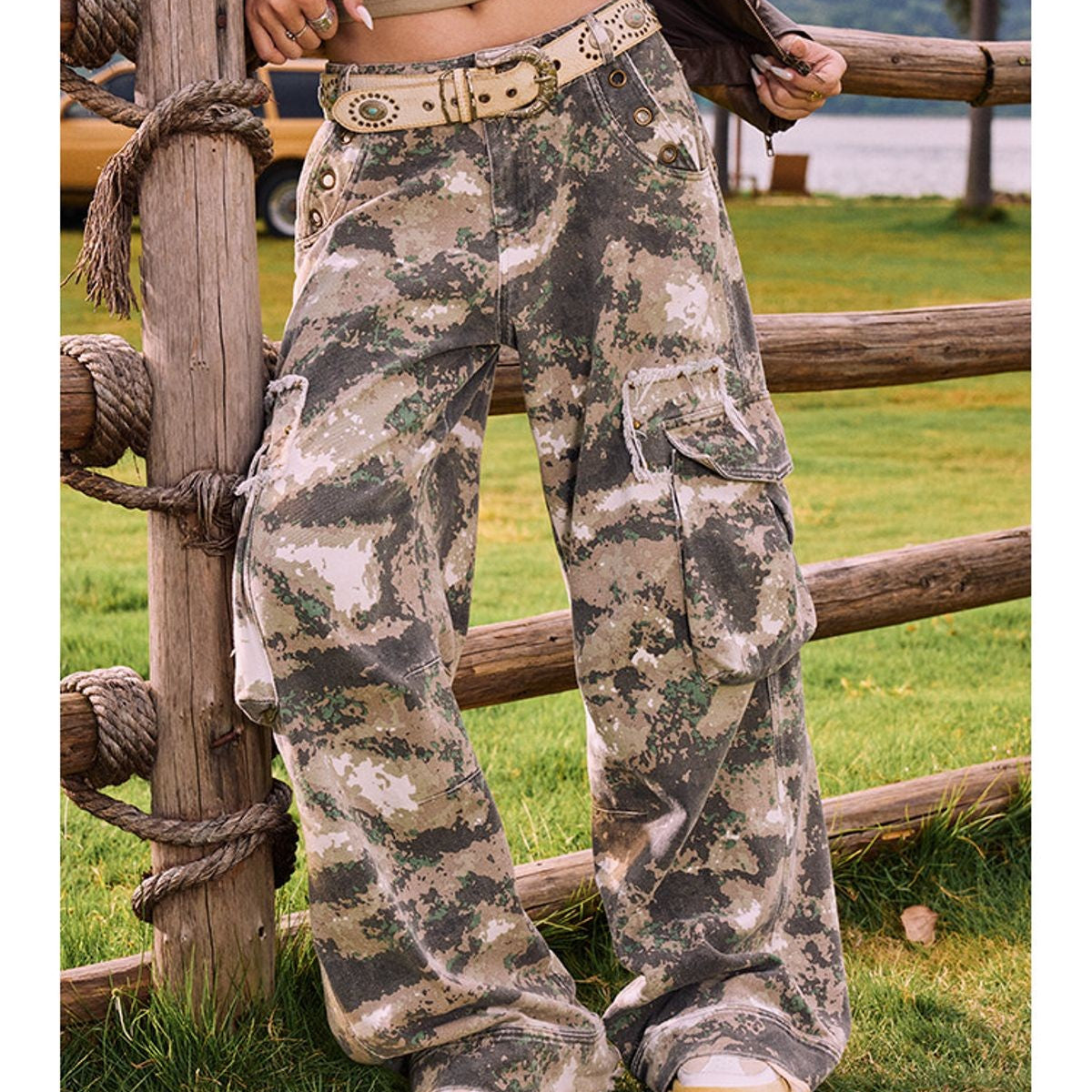 BeerBro Retro Camo Wide Leg Cargo Pants in Olive - On Model
