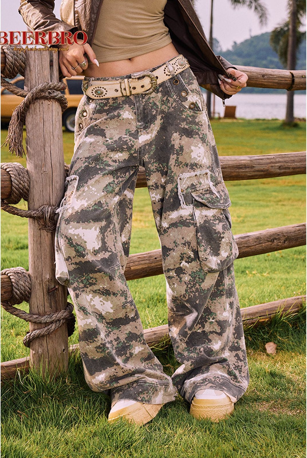 BeerBro Retro Camo Wide Leg Cargo Pants in Olive - On Model