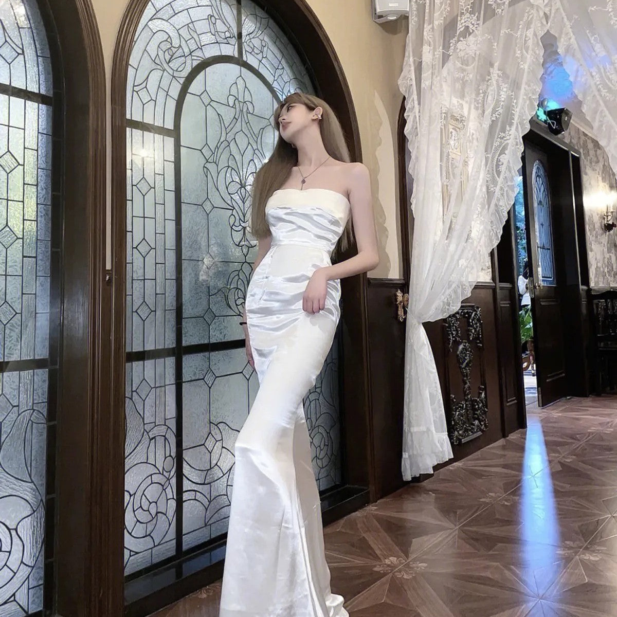 1S STUDIO Acetate Satin Mermaid Gown in White - On Model