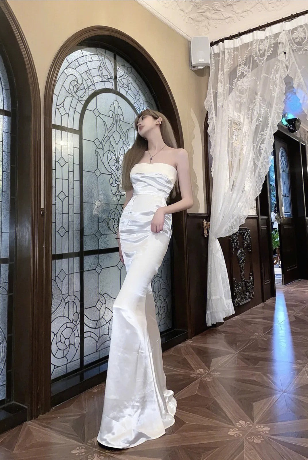 1S STUDIO Acetate Satin Mermaid Gown in White - On Model