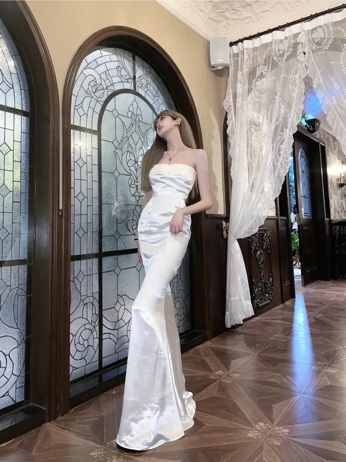 1S STUDIO Acetate Satin Mermaid Gown in White - On Model