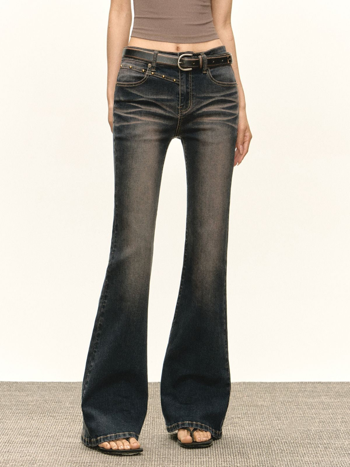 ARISEISM Studded Micro Flare Jeans in Denim - On Model