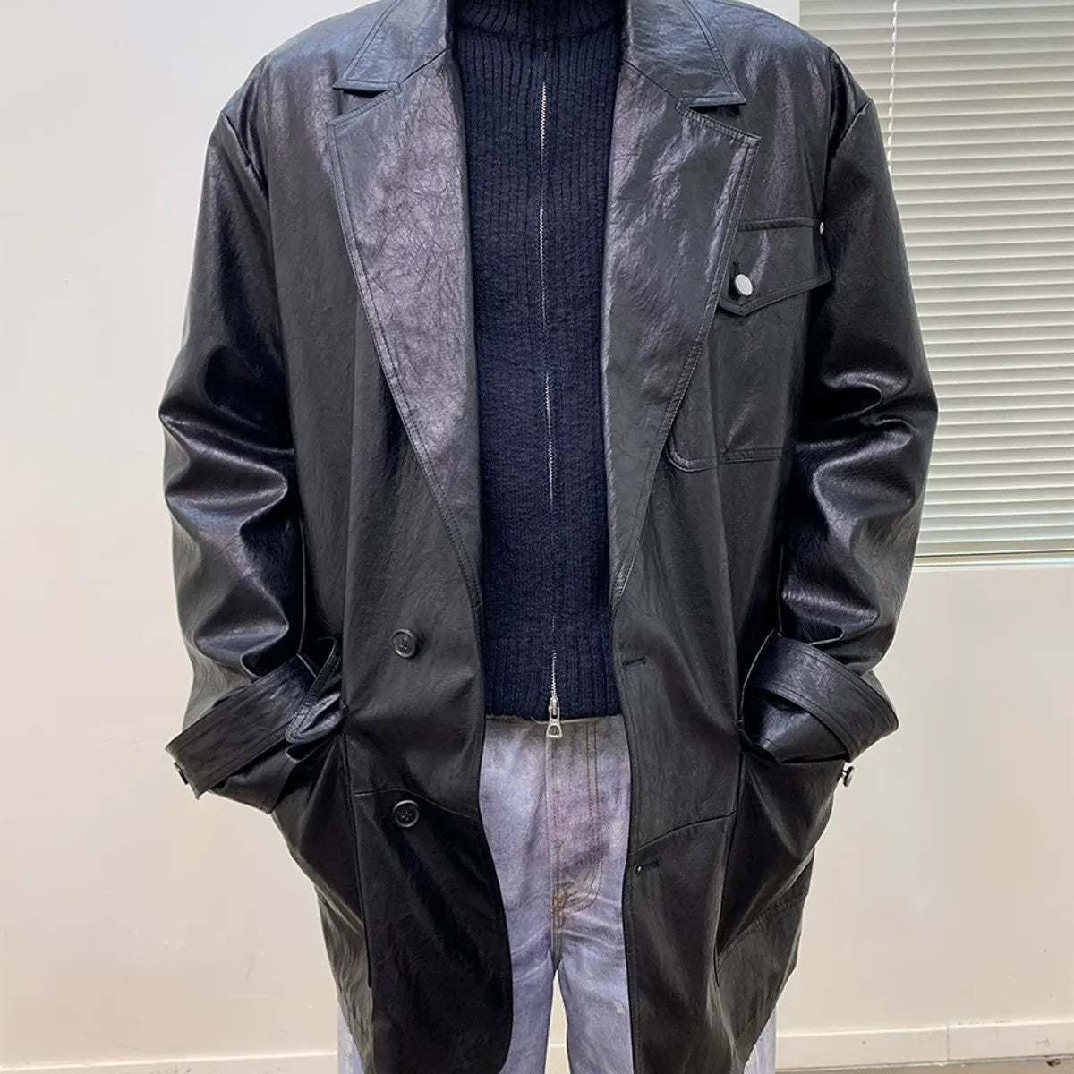 NeverSeez Thinsulate Padded Faux Leather Coat in Black - On Model