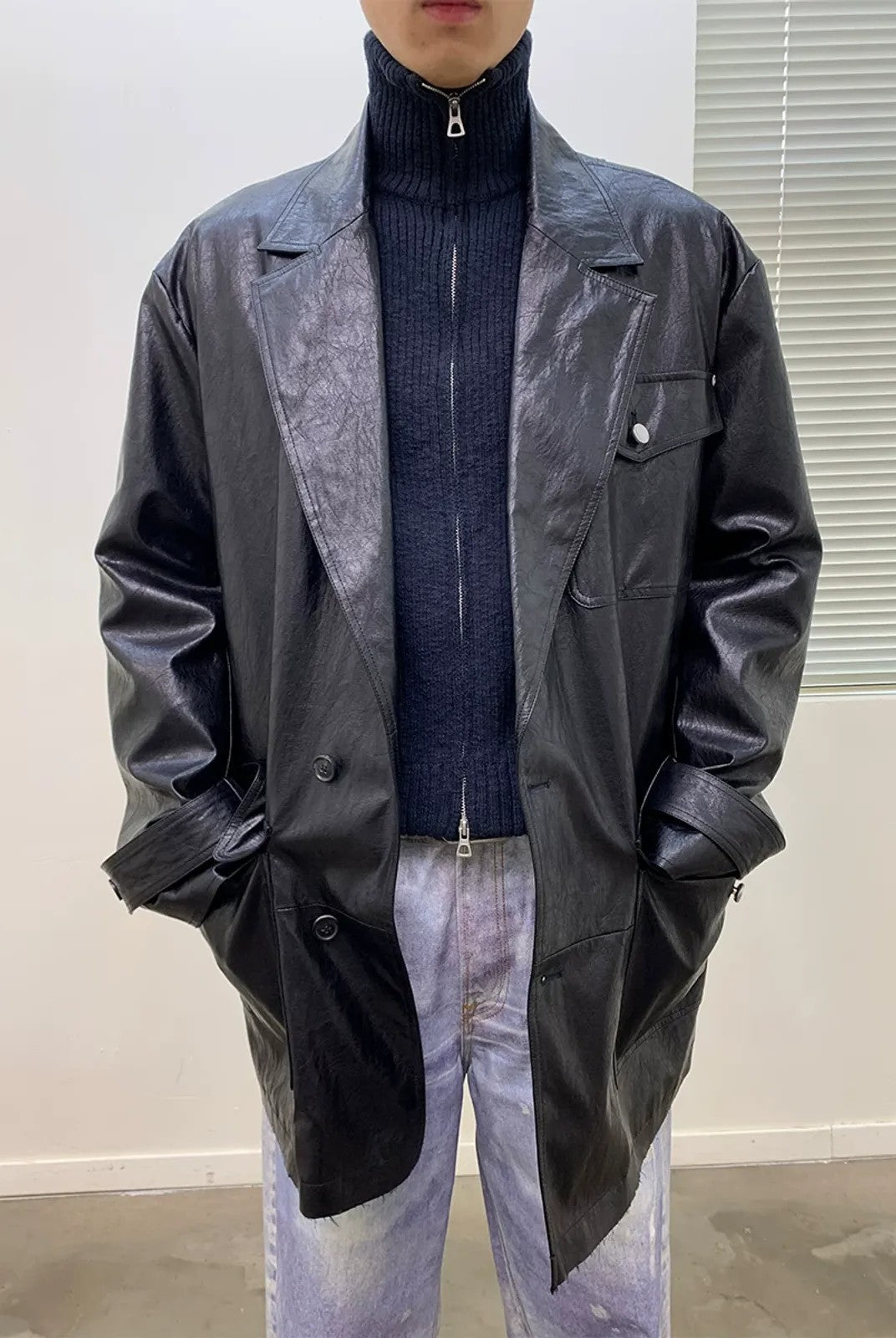 NeverSeez Thinsulate Padded Faux Leather Coat in Black - On Model