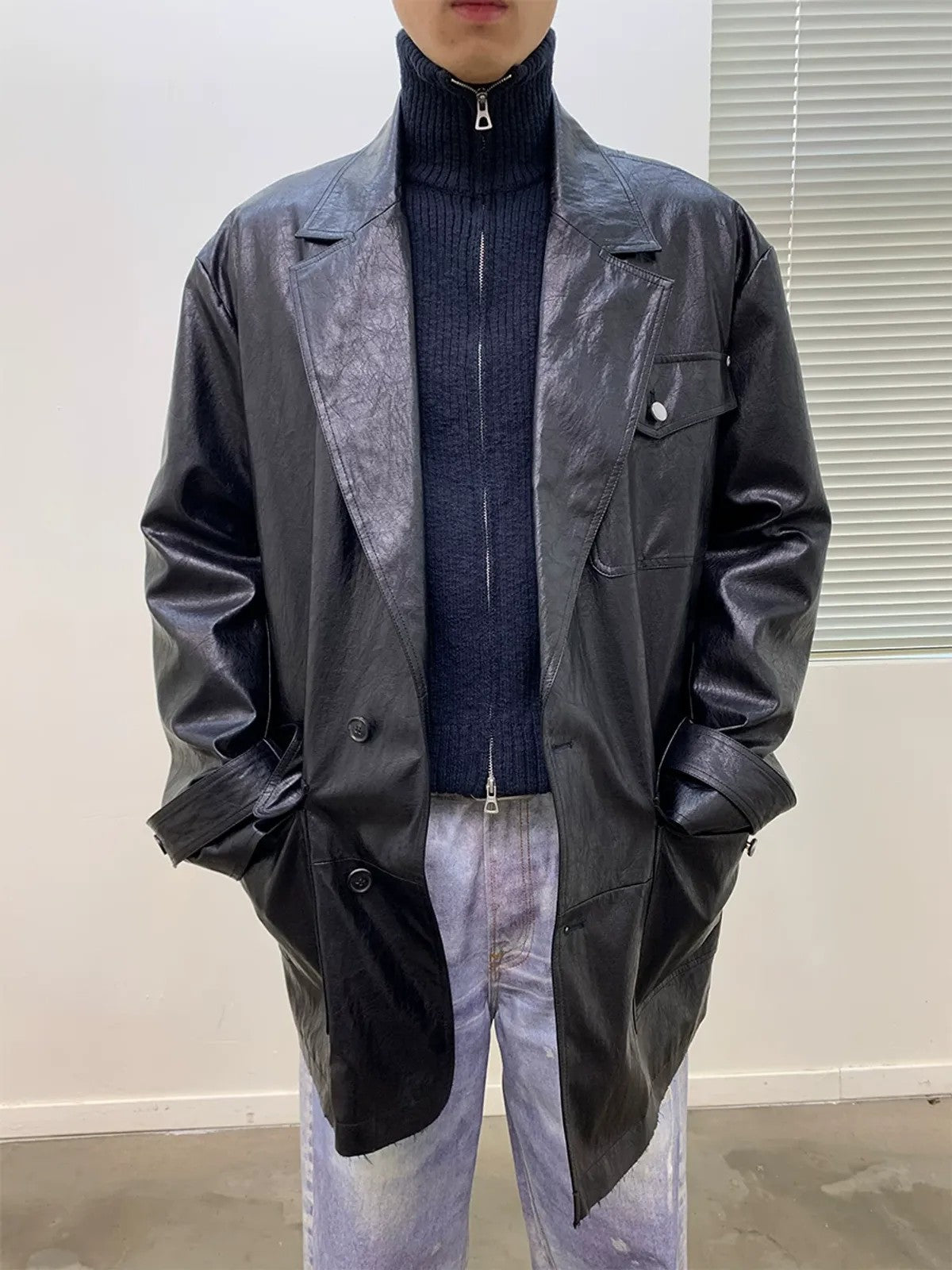 NeverSeez Thinsulate Padded Faux Leather Coat in Black - On Male Model