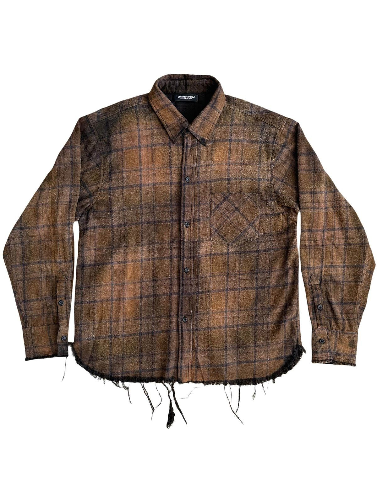 UNKNOWNWORLD Distressed Raw Hem Plaid Shirt in Coffee