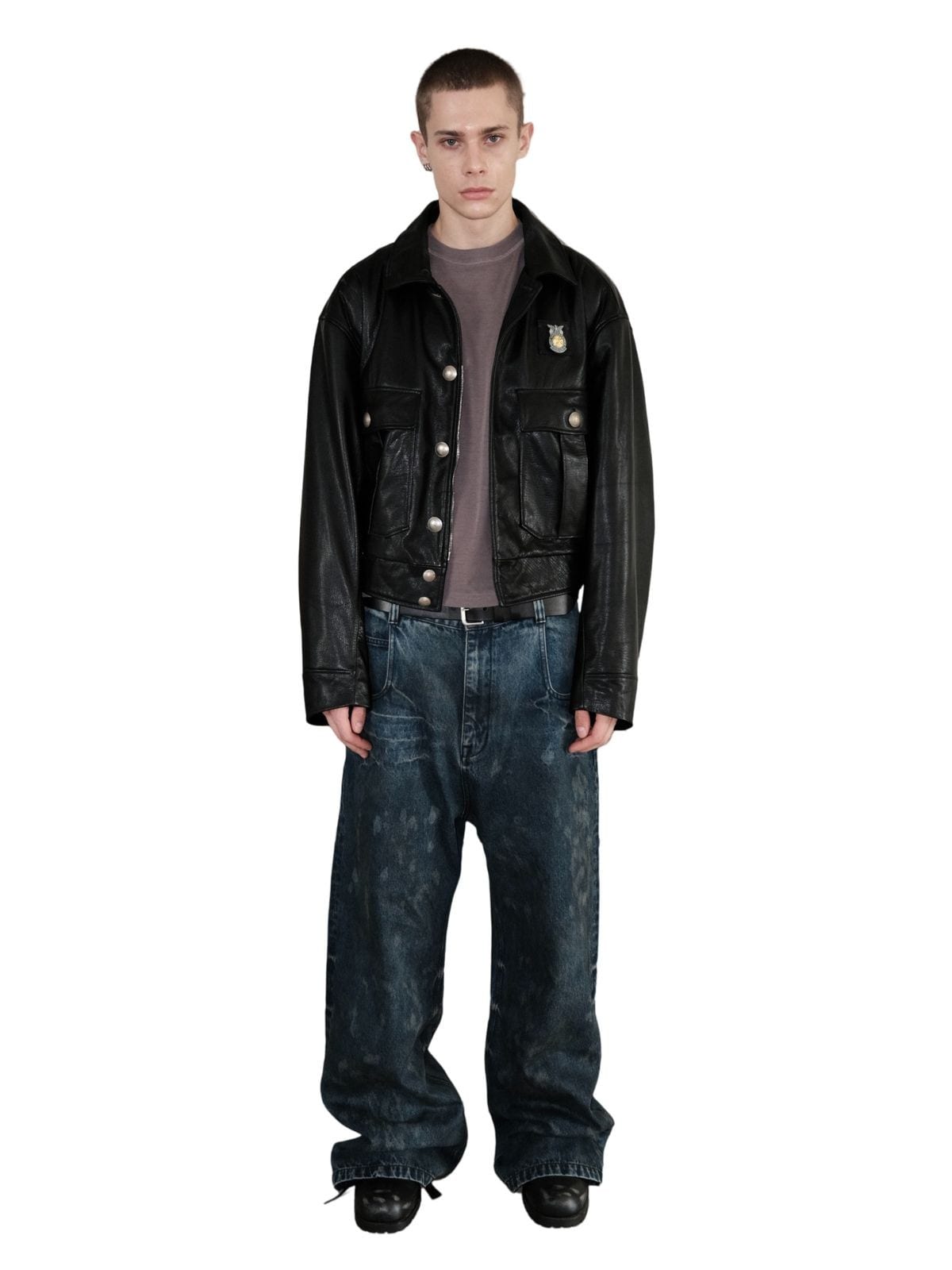 UNKNOWNWORLD Cropped Padded Horsehide Leather Jacket in Black - On Male Model