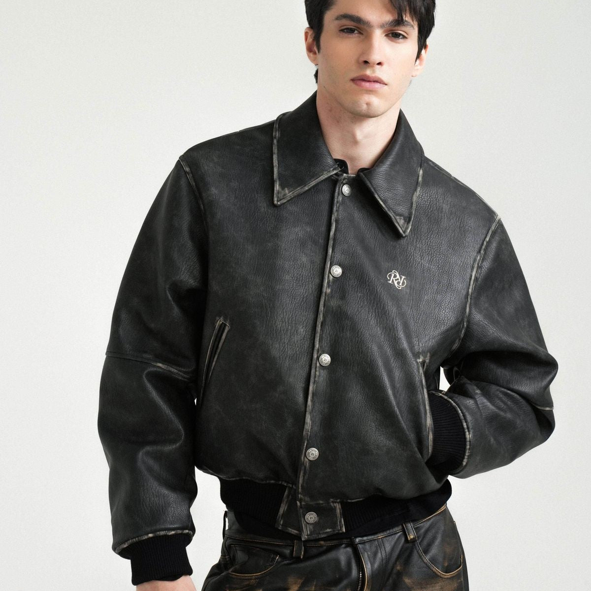 Retro 21 Distressed Faux Leather Padded Jacket in Black - On Model