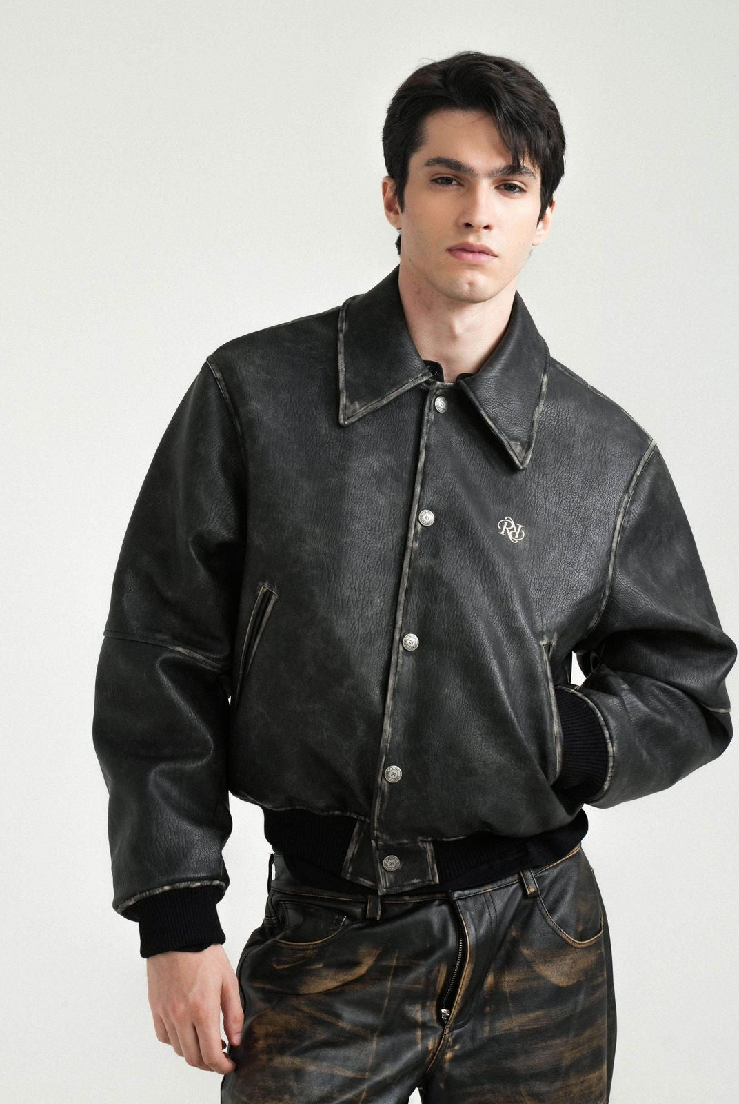 Retro 21 Distressed Faux Leather Padded Jacket in Black - On Model