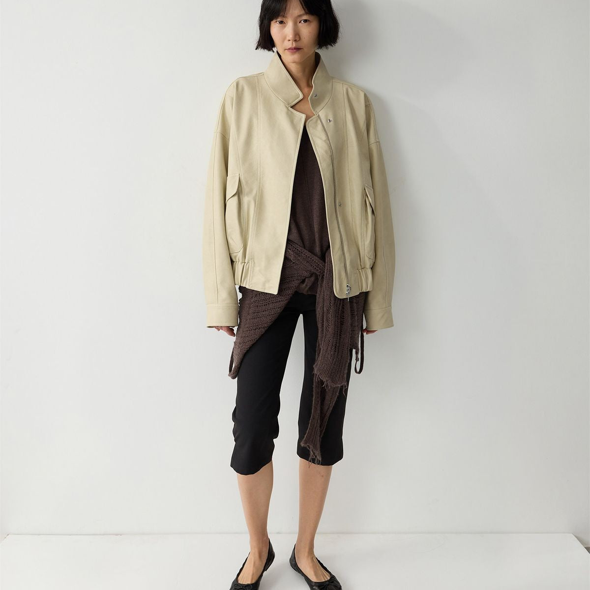 RandomPiece Micro Wrinkle Cropped Equestrian Pants in Black - On Model