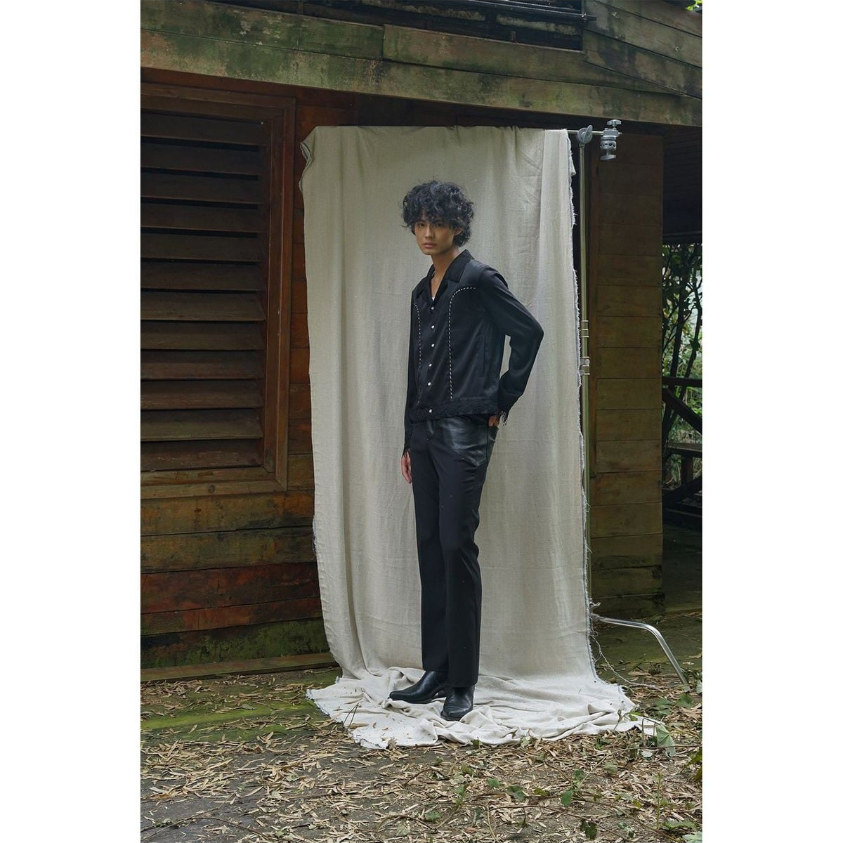 Retro21 Fringe Trim Shirt Jacket in Black - On Male Model