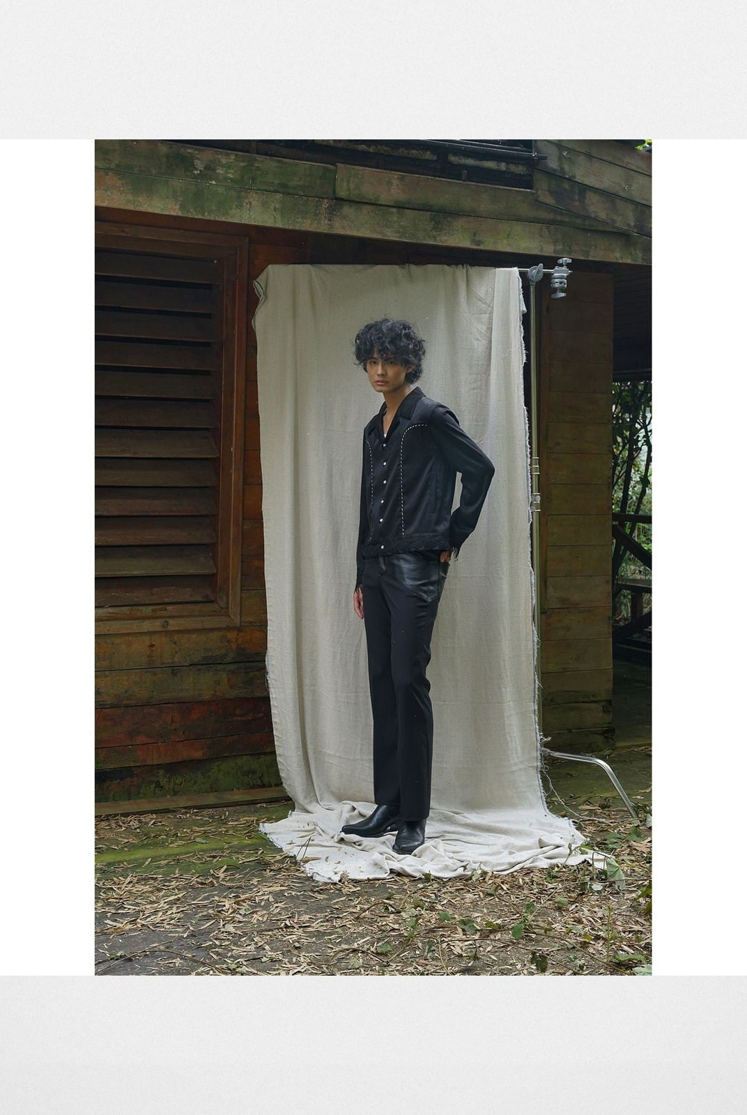 Retro21 Fringe Trim Shirt Jacket in Black - On Male Model