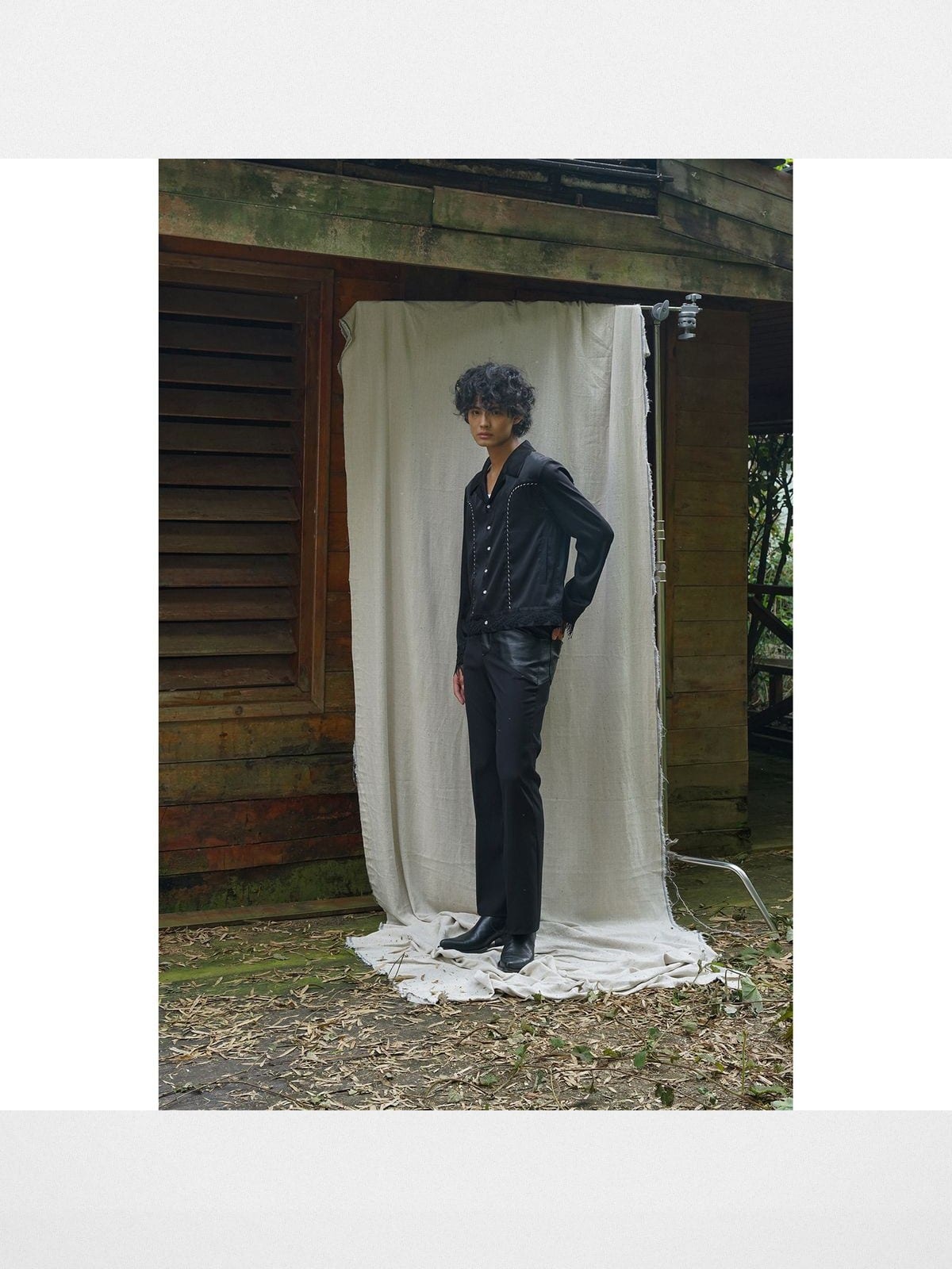 Retro21 Fringe Trim Shirt Jacket in Black - On Male Model