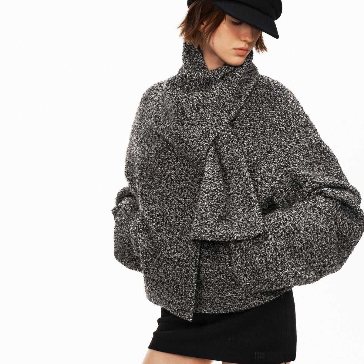 PUKI Snowflake Tweed Scarf Collar Jacket in Black - On Model