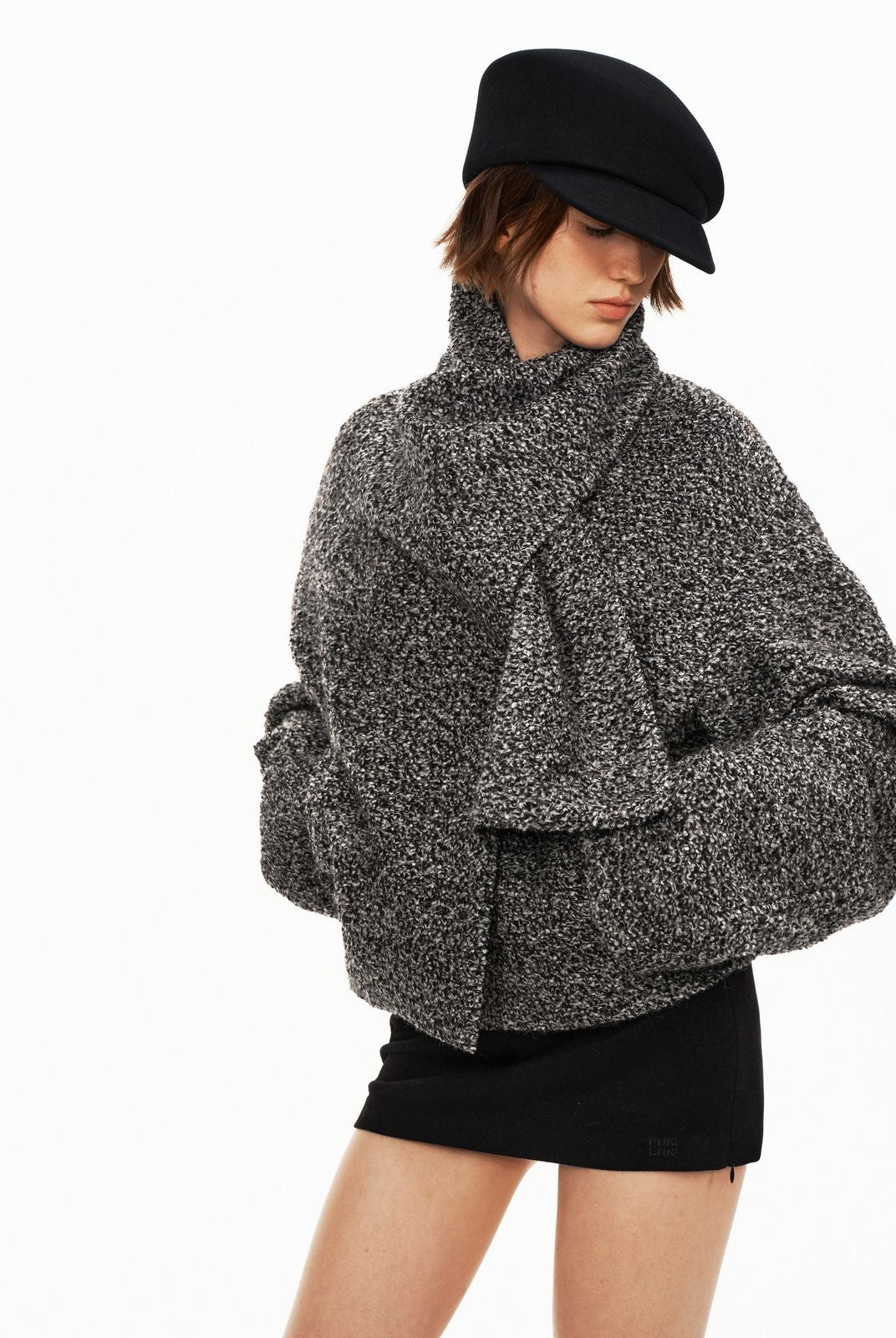 PUKI Snowflake Tweed Scarf Collar Jacket in Black - On Model