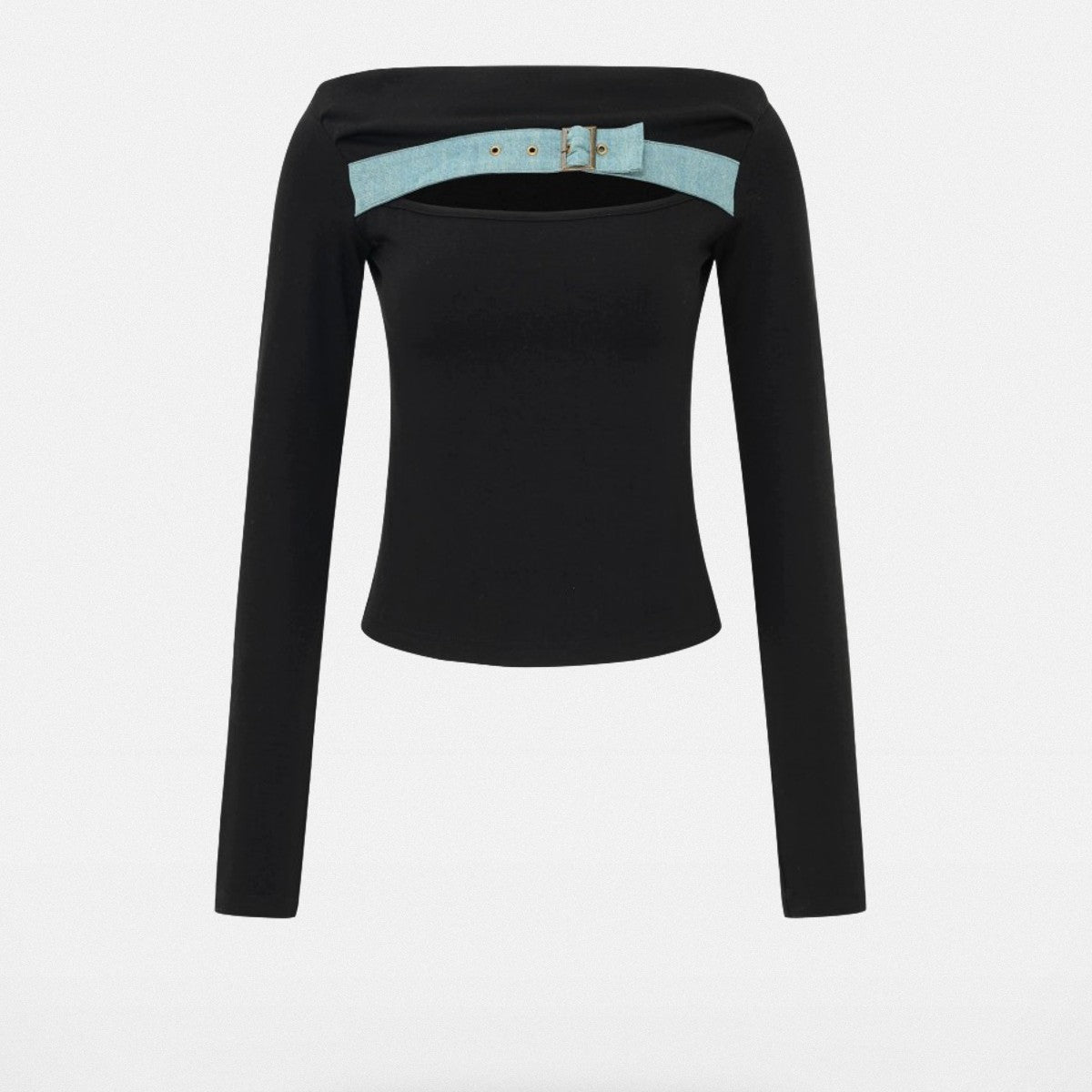 PUKI Buckled Denim Off Shoulder Top in Black