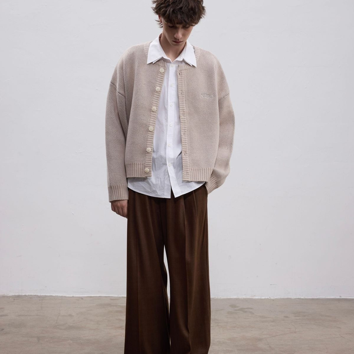 Aftertaste Jacquard Organic Cotton Blend Cardigan in Beige - On Model