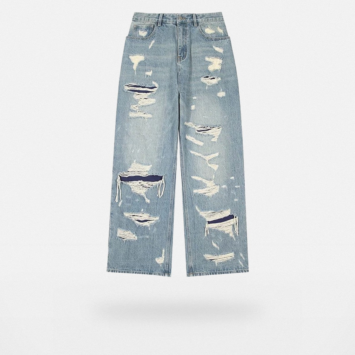 LOSTCTRL Double Layer Distressed Straight Jeans in Blue