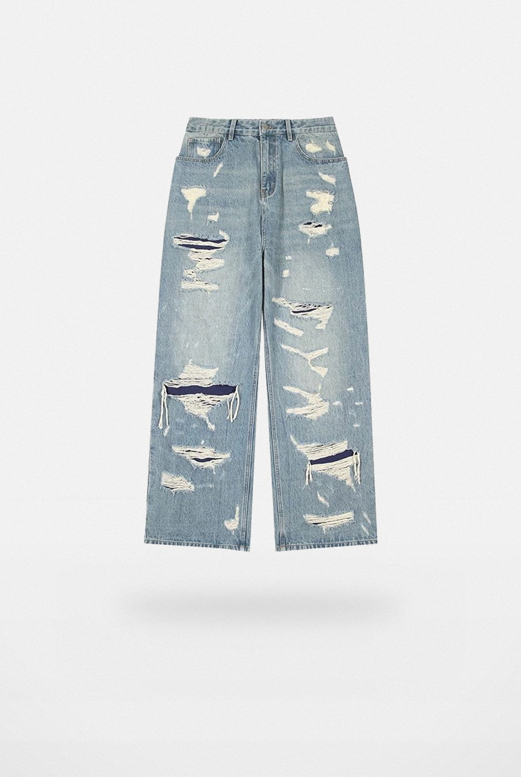 LOSTCTRL Double Layer Distressed Straight Jeans in Blue