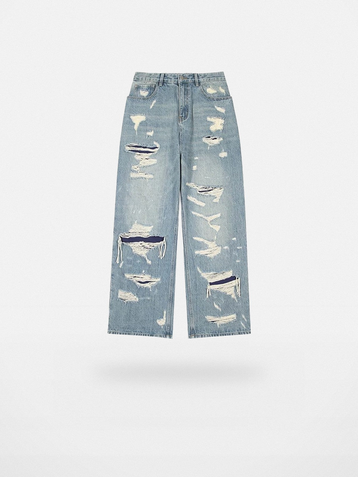 LOSTCTRL Double Layer Distressed Straight Jeans in Blue