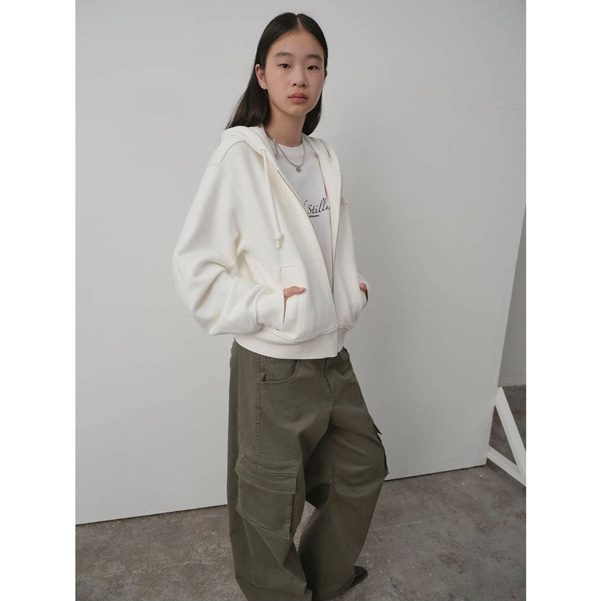 RandomPiece Cropped Cotton Zip Up Hoodie in White - On Model