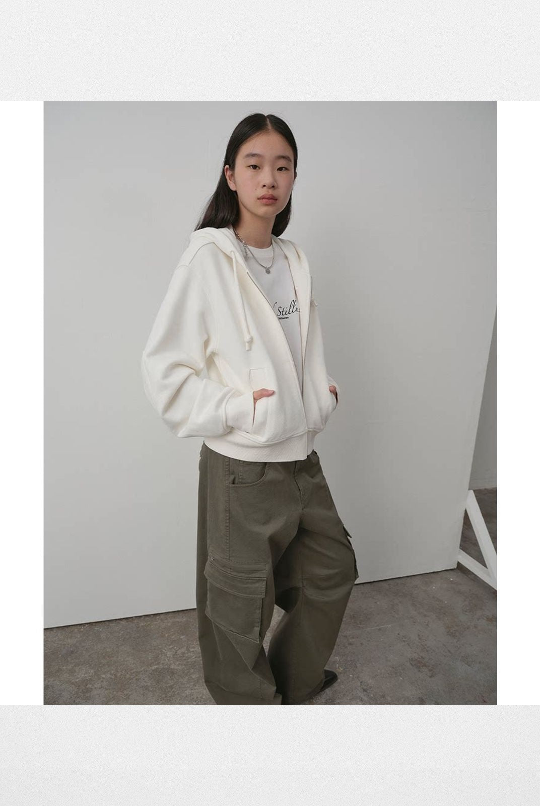 RandomPiece Cropped Cotton Zip Up Hoodie in White - On Model