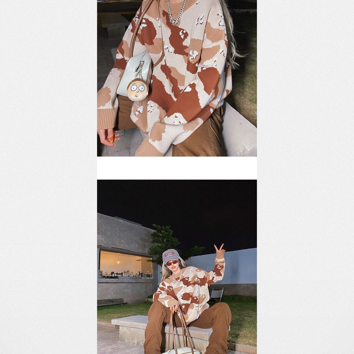 BeerBro Oversized Camo Knit Sweater in Beige