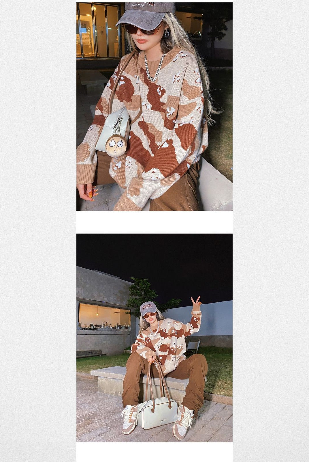 BeerBro Oversized Camo Knit Sweater in Beige