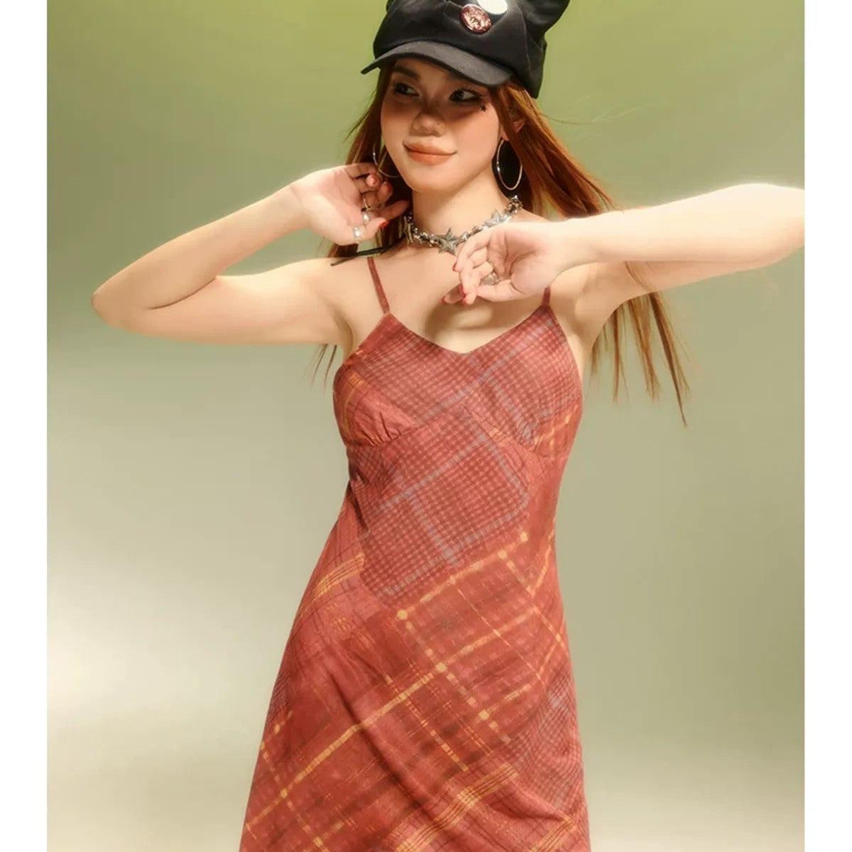 BeerBro Plaid Mesh Mini Dress in Brown - On Model