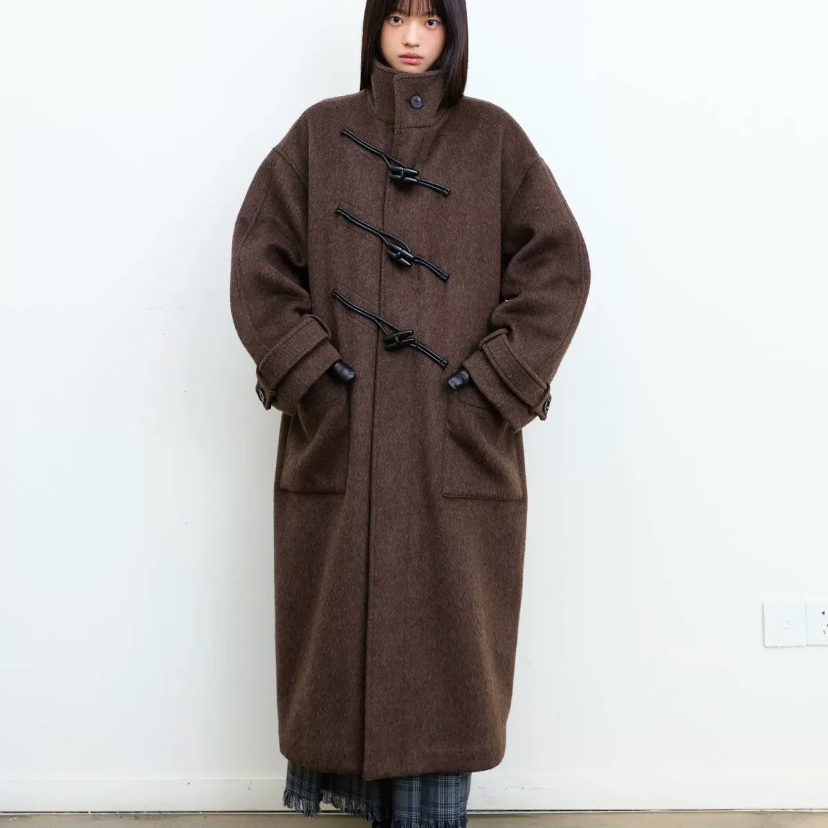NeverSeez Wool Blend Stand Collar Toggle Coat in Brown - On Model