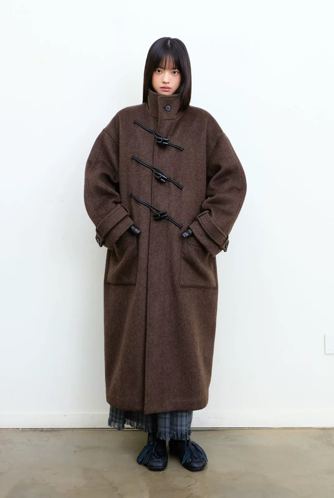 NeverSeez Wool Blend Stand Collar Toggle Coat in Brown - On Model