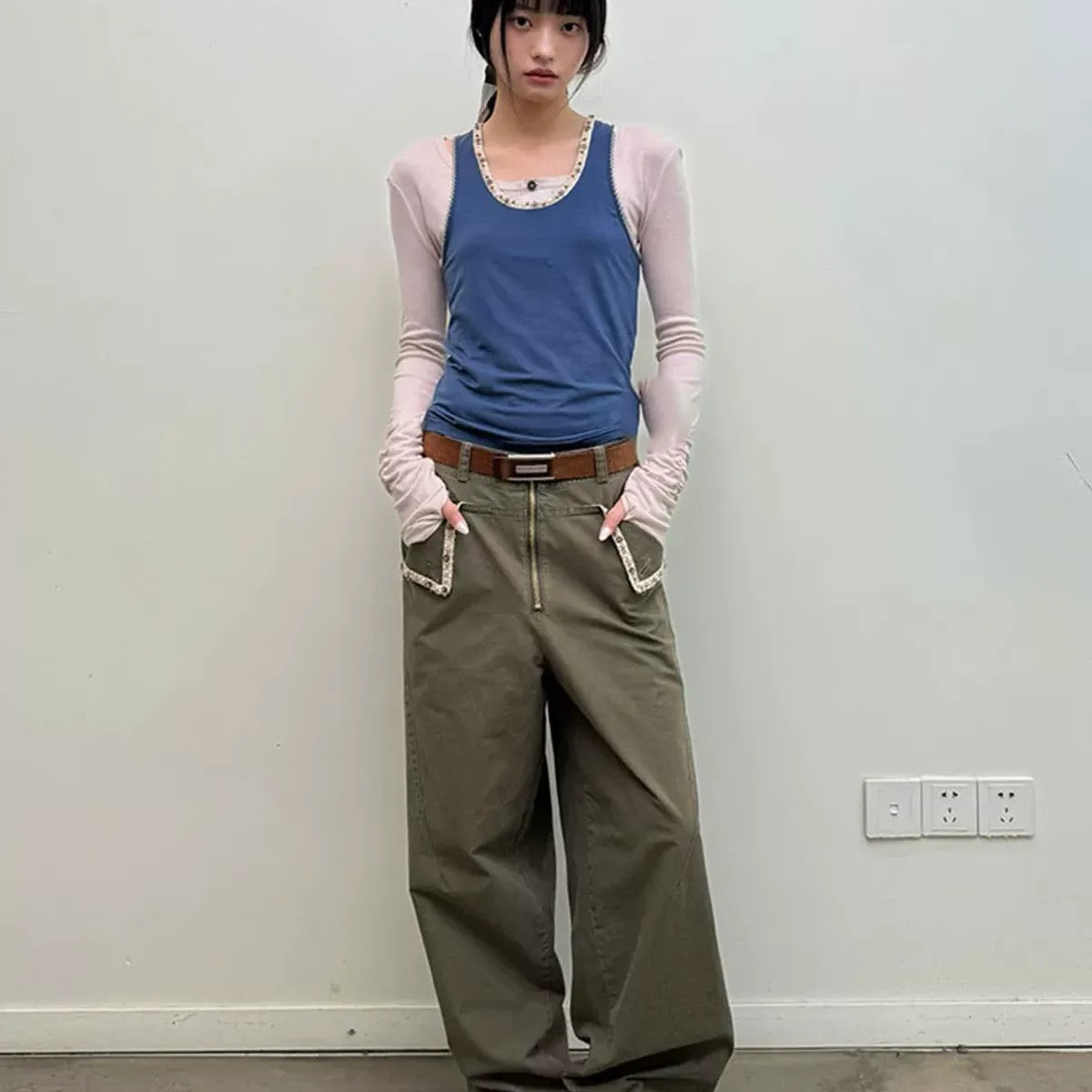 NeverSeez Beaded Lyocell Wool Tank Top in Khaki - On Model